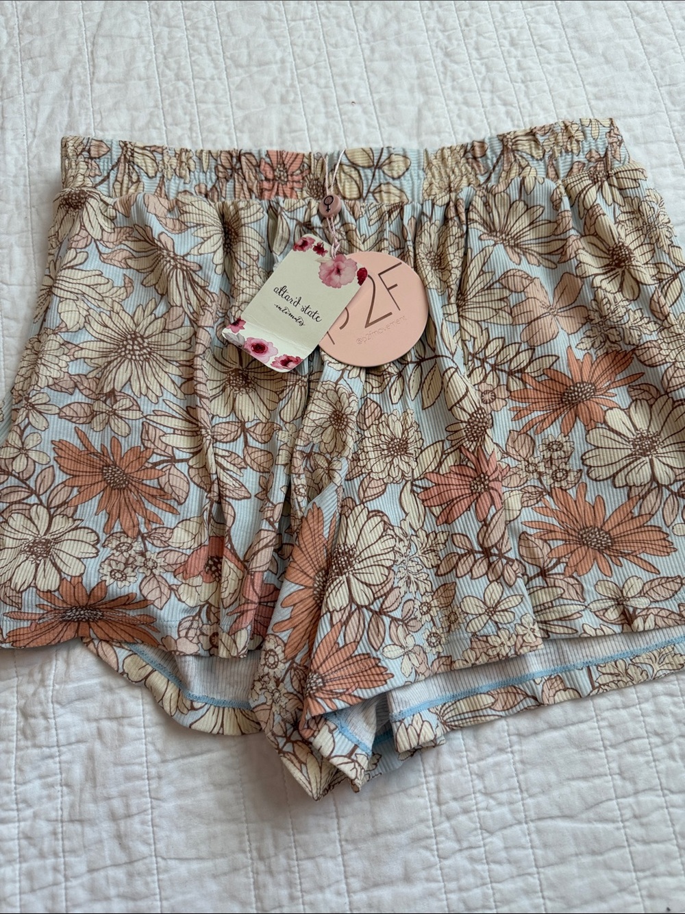 Altar'd State Floral Ribbed Lounge Shorts - Blue, Cream & Brown